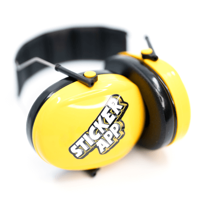 Yellow and black earmuffs with "StickerApp" logo on the ear cups, featuring a flexible black headband.