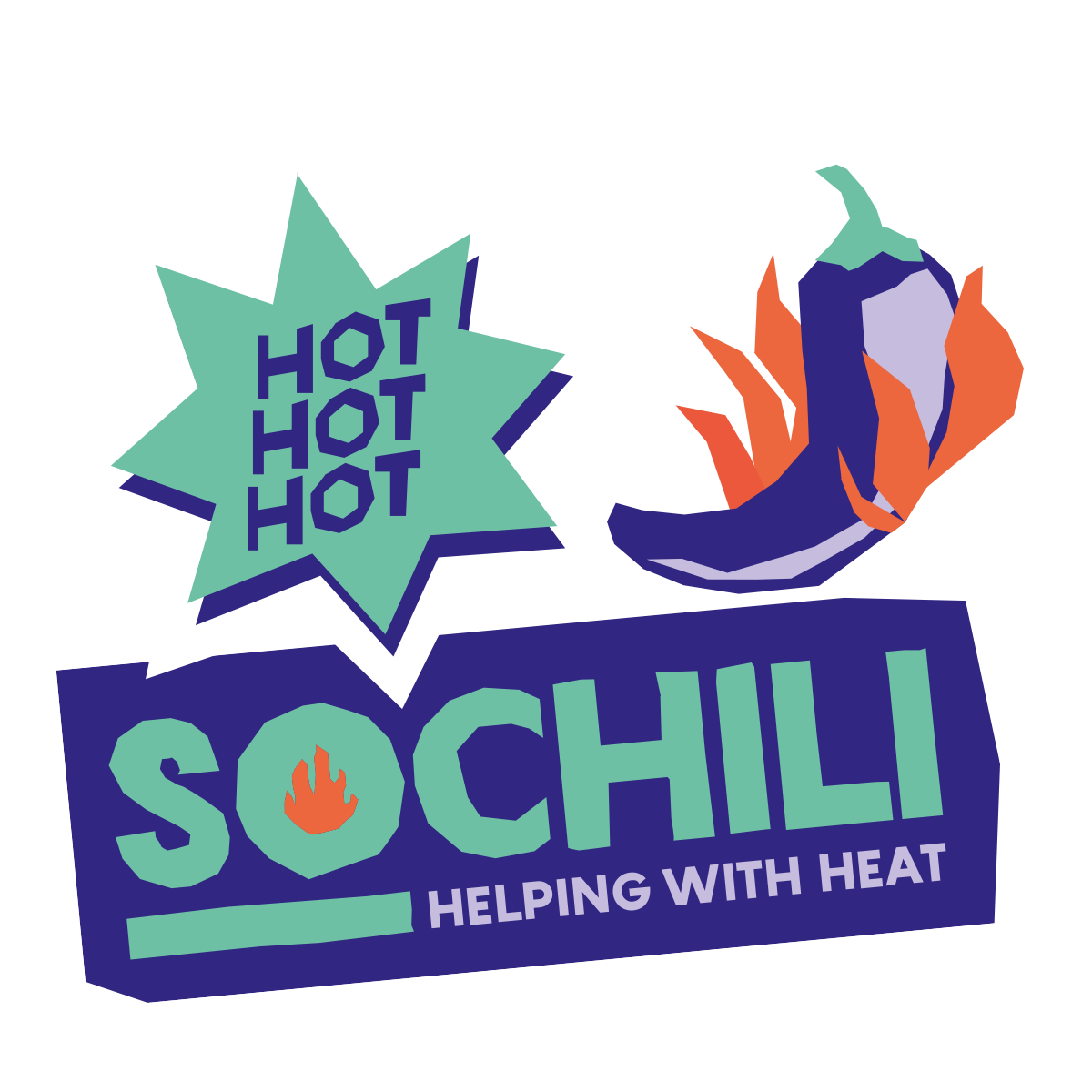 Stylized "Sochili" logo with a chili pepper and flames, featuring the text "Hot Hot Hot" and "Helping with Heat."