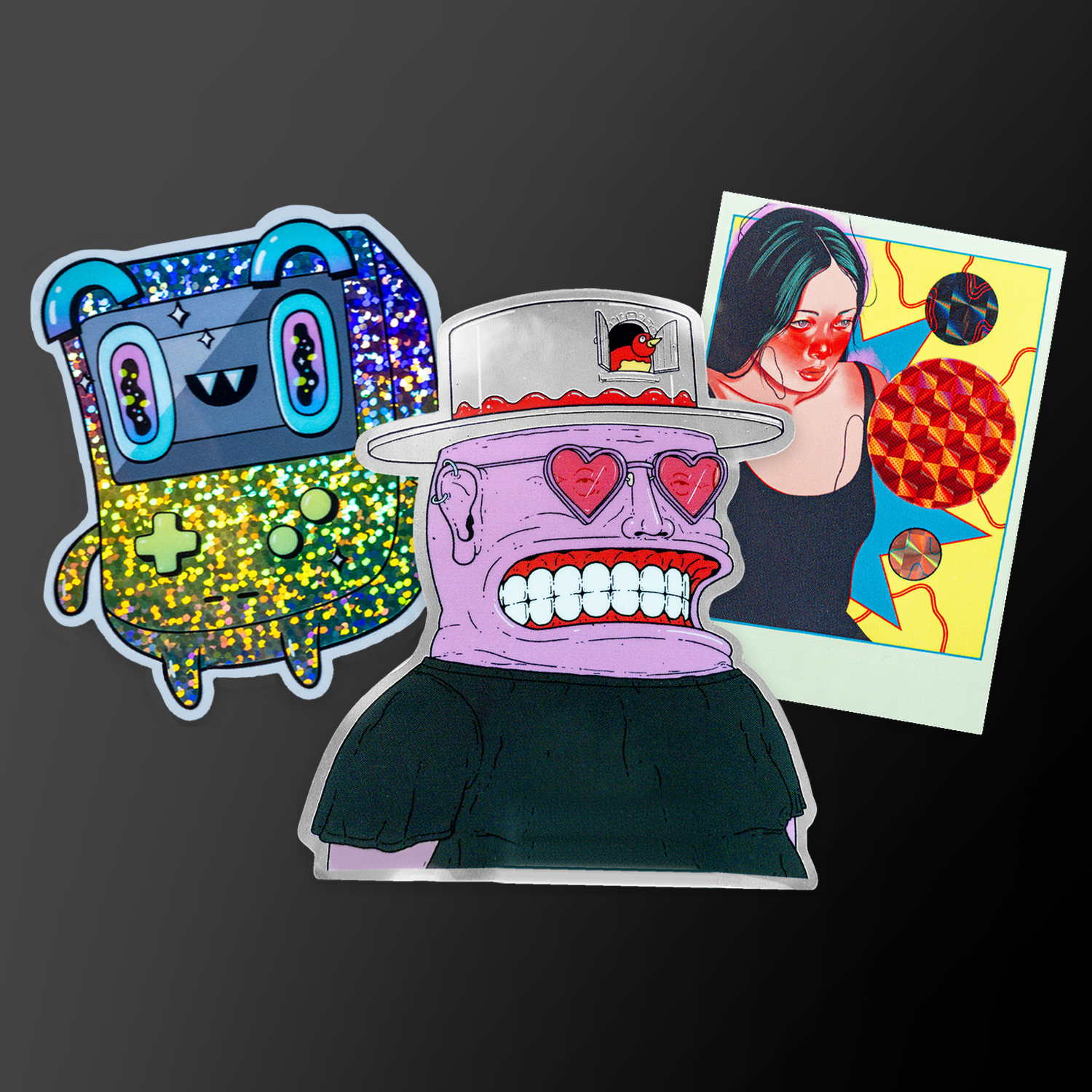 Glitter, mirror and prismatic custom stickers: a game console character, a grinning man in heart-shaped sunglasses and a portrait of a woman with teal hair