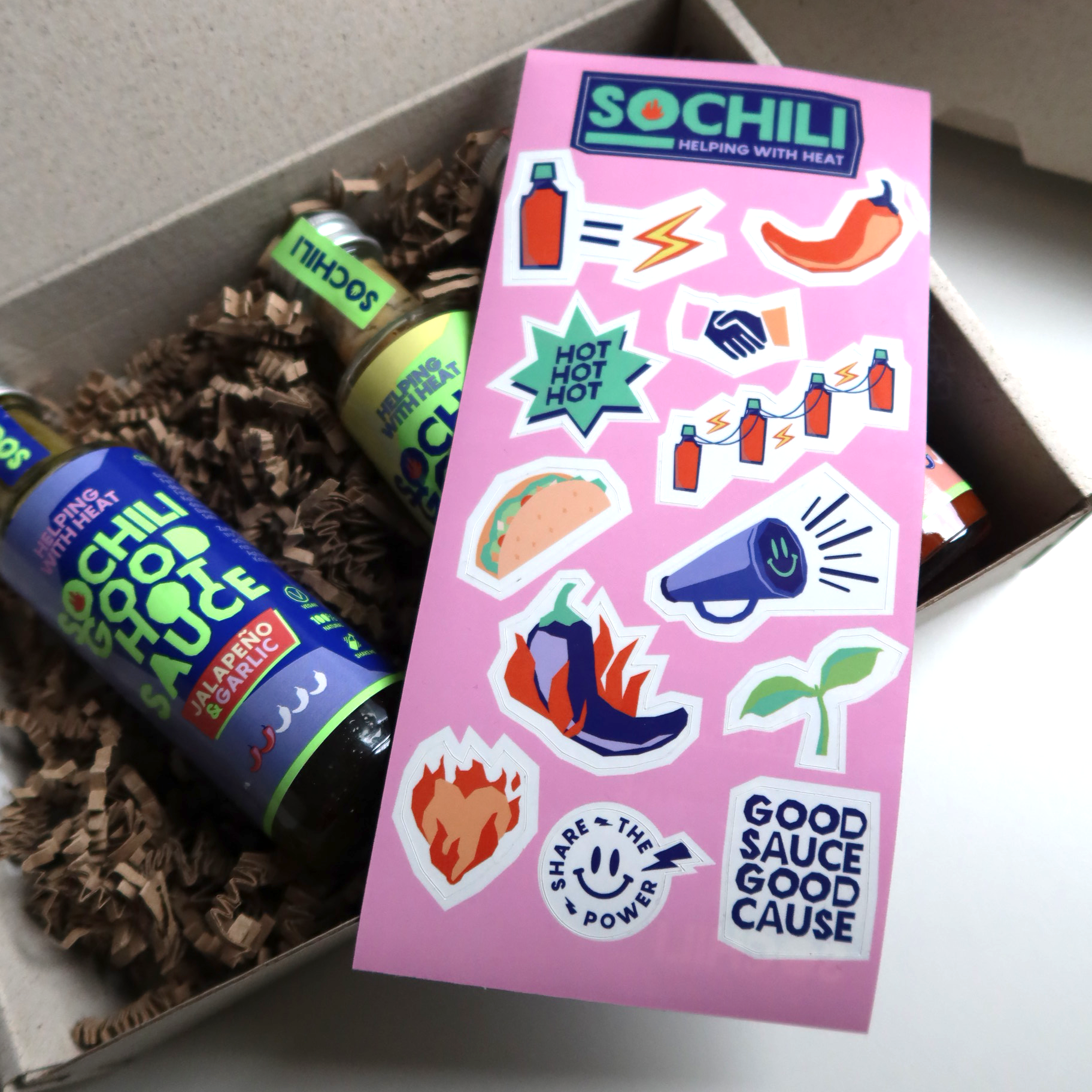 sticker sheet on glossy vinyl with logotype and different assets for SOCHILI
