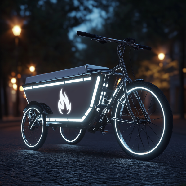 Cargo bike at night with reflective stickers and a flame decal lighting up in the dark