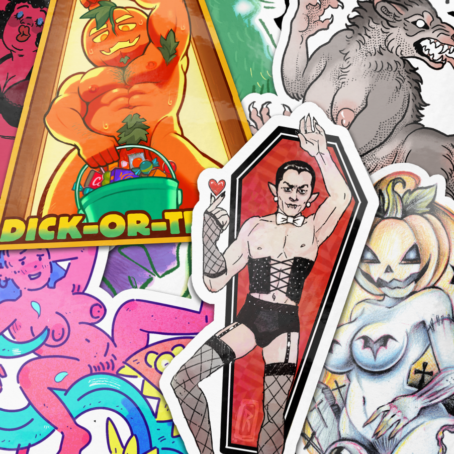 Collage of winning NSFW Halloween sticker designs, including a werewolf, a vampire in a corset, a pumpkin-headed pin-up and "Dick-or-Treat"